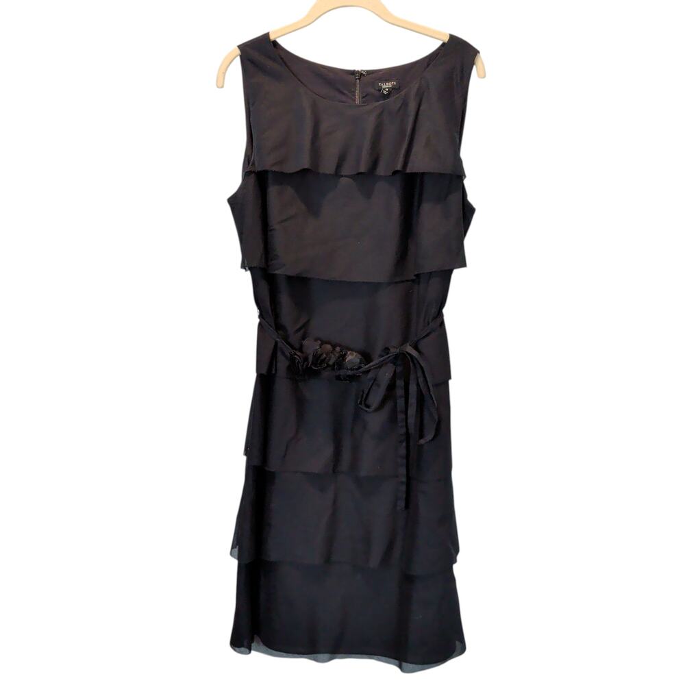 Talbots Women's Sz 14 Black Tiered Sleeveless Cotton Dress Rosette Belt
